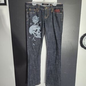 Christian Audigier Ed Hardy Boot Cut Jeans with Skull and Rose Design